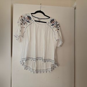 Knox Rose White Embroidered Peasant Top with Blue and Peach Accents